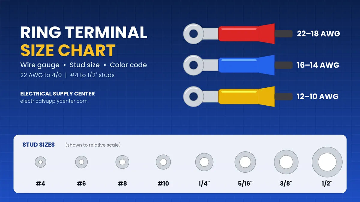 Ring terminal size chart showing red 22-18, blue 16-14 and yellow 12-10 AWG color code and stud sizes #4 to 1/2 inch