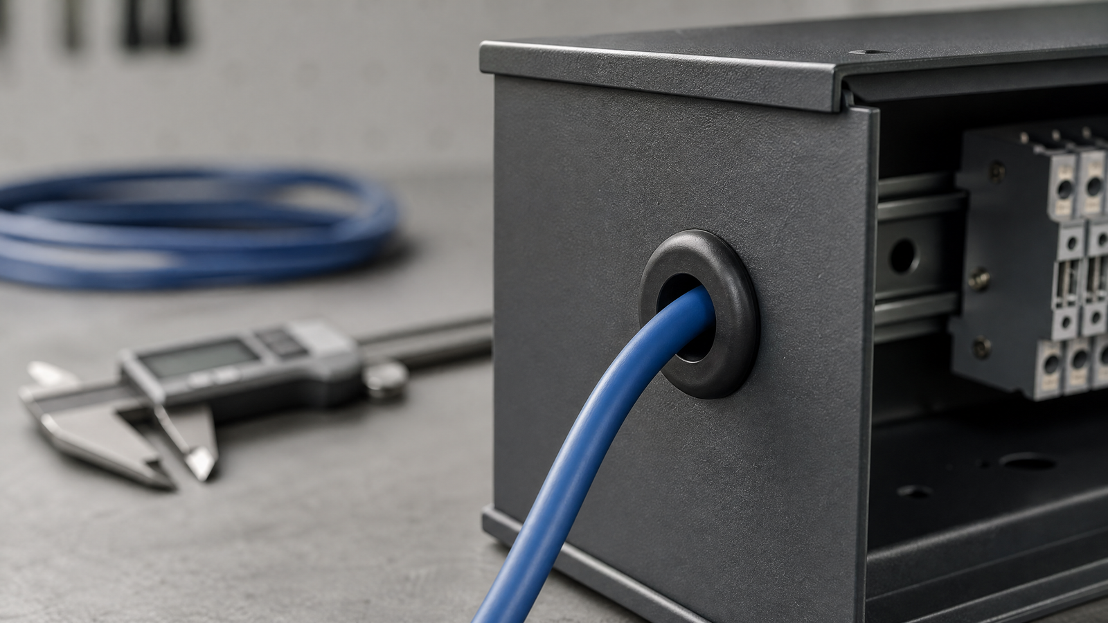 Blue insulated cable passing through a correctly seated black rubber grommet in a charcoal electrical panel.