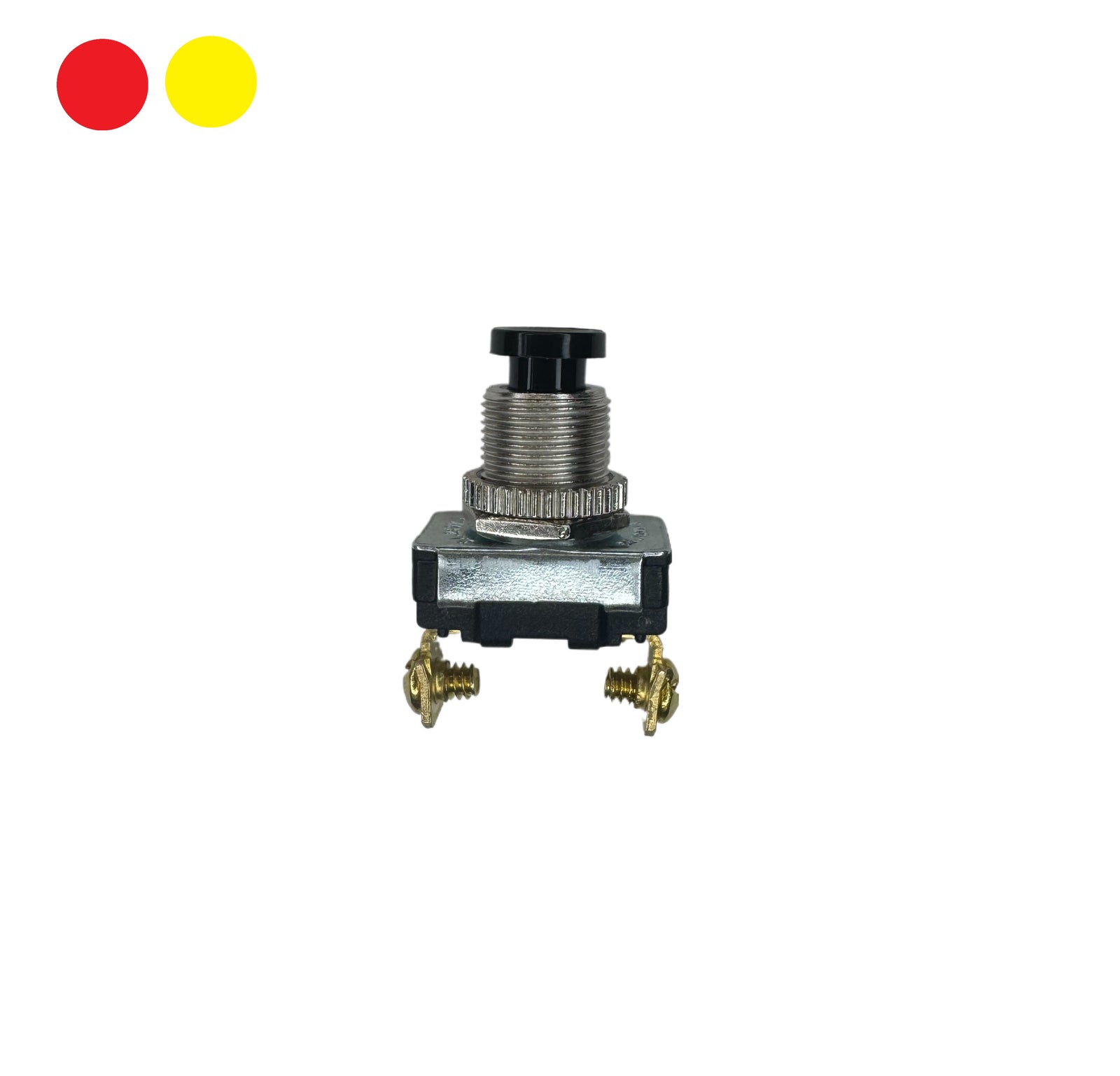 Black Push Button Momentary Switch with Sturdy Metal Base and Exposed Screw Terminals - Ideal for Automotive, Industrial, and DIY Electronics Projects. Reliable On-Off Functionality with Durable Design for Easy Installation in Custom Circuit Configurations.