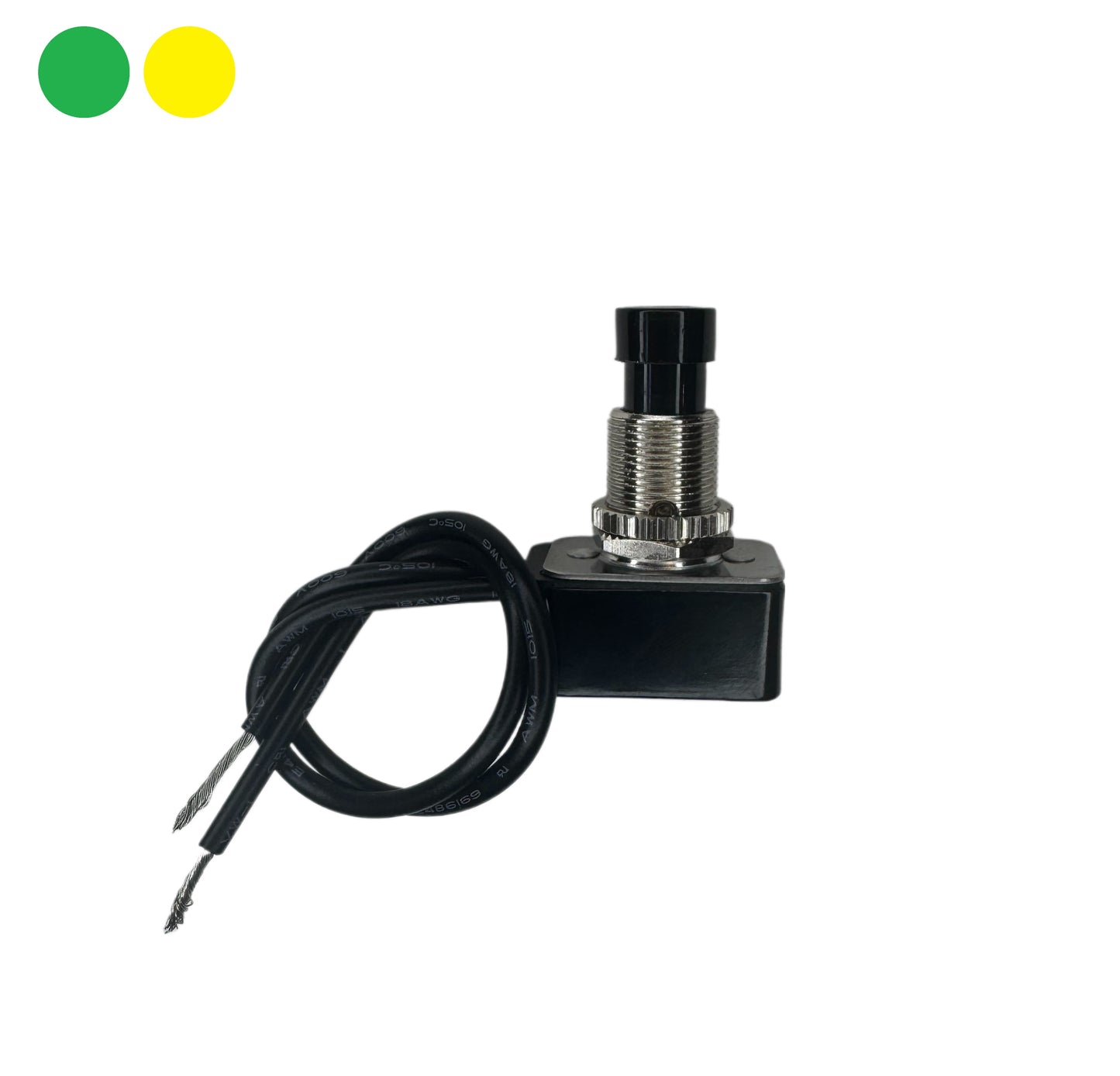 Push Button Switch with Pre-Wired Leads - Durable Black and Metal Design for Industrial and Automotive Applications. Ideal for High-Performance Circuits, Featuring Reliable On-Off Action. Compact and Easy Installation for Custom Electronics Projects.