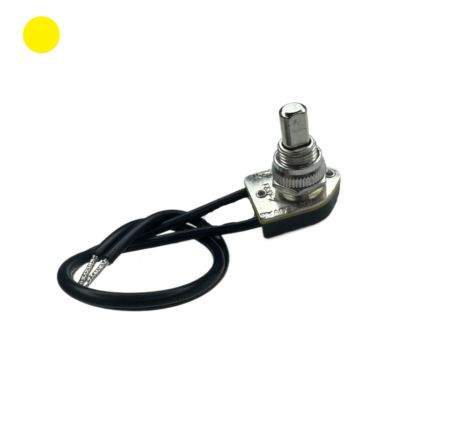 Canopy push button switch with wire leads for terminals. Light duty push button switch