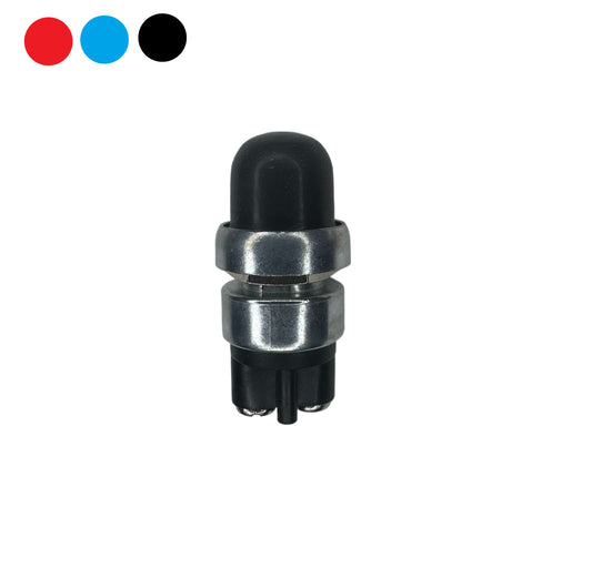 Sealed Black Push Button Switch with Protective Metal Collar – Waterproof Design for Harsh Environments in Industrial, Marine, and Automotive Applications. Durable and Weather-Resistant Switch Ideal for Outdoor Equipment and High-Moisture Installations