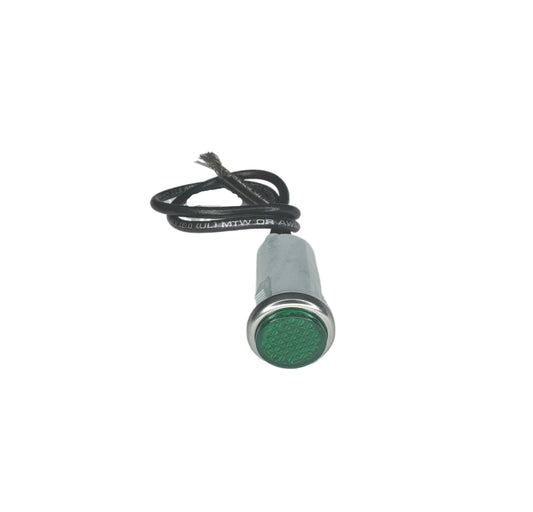 Compact Indicator Light with Green Lens – Features Pre-wired Leads for Easy Installation. Ideal for Panel Mounting in Automotive, Marine, or Industrial Settings. High-Visibility Illumination Ensures Clear Status Signaling in Both Low-Light and Daylight Conditions.