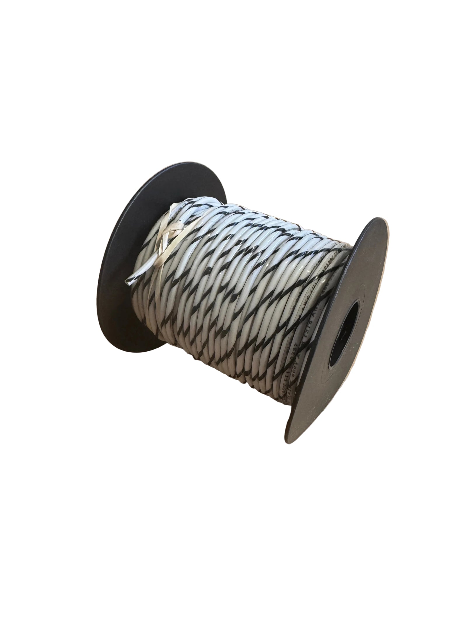 Spool of 16 GA TFFN building wire. White with black striping, 100ft