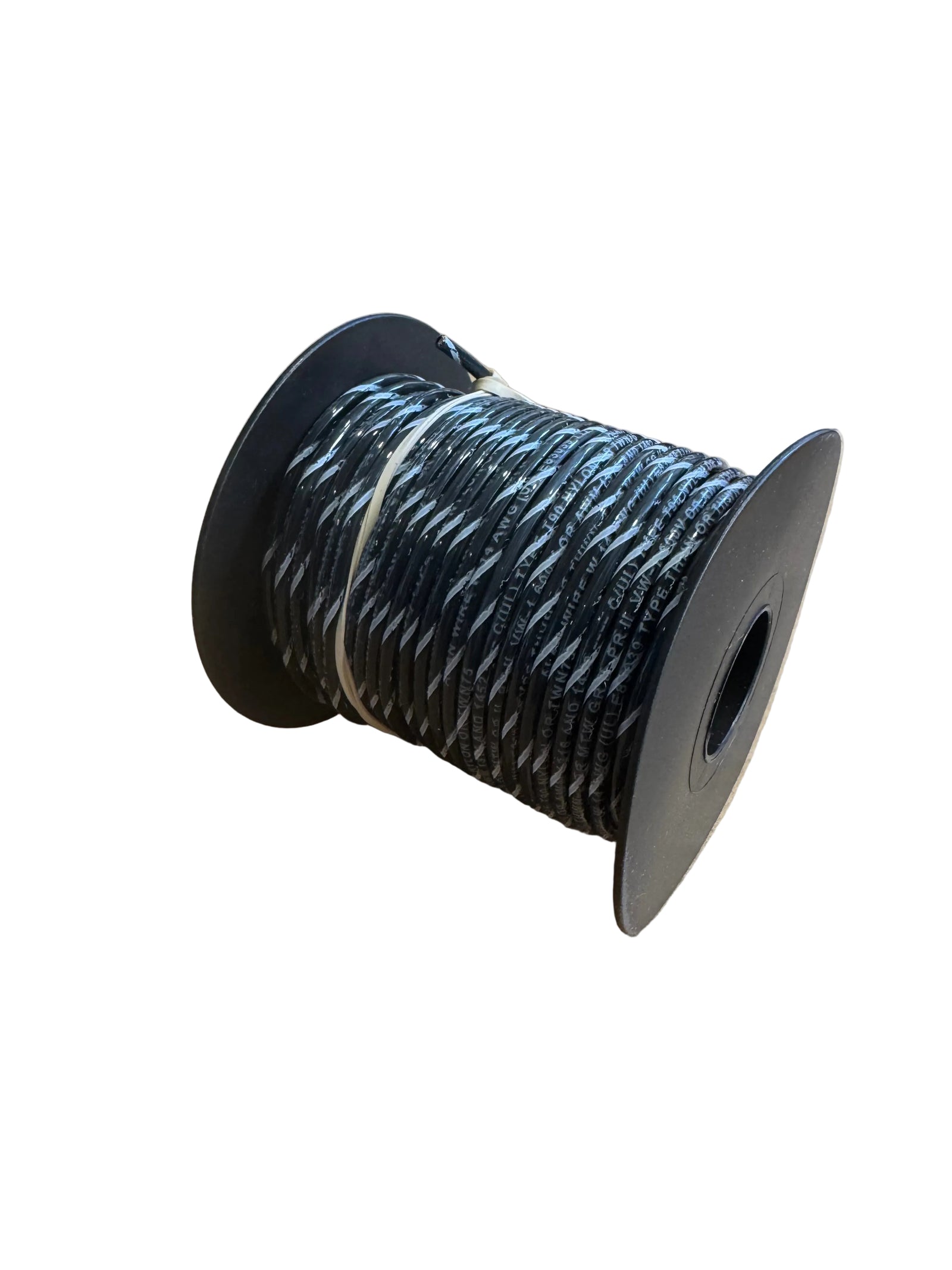 Spool of 14GA THHN wire, black with white striping. 100ft coil