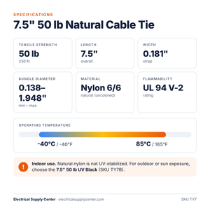 7.5 inch 50 lb natural cable tie specifications: 0.138–1.948 in bundle diameter, nylon 6/6, UL 94 V-2, -40°C to 85°C, indoor use
